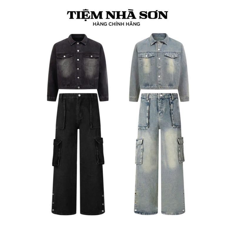   Combo Áo + Quần  Quần Jean Túi Hộp Ống Suông Áo Khoác Denim Boxy Crop Unisex Nam Nữ Tiệm Nhà SƠN 