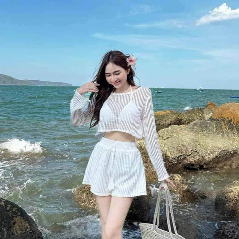 Set Bộ Đùi 3 Món Bra - Chất Len Ren, Áo Tay Dài Hở Vai + Áo Bra Cột Dây + Quần Đùi 2 Lớp