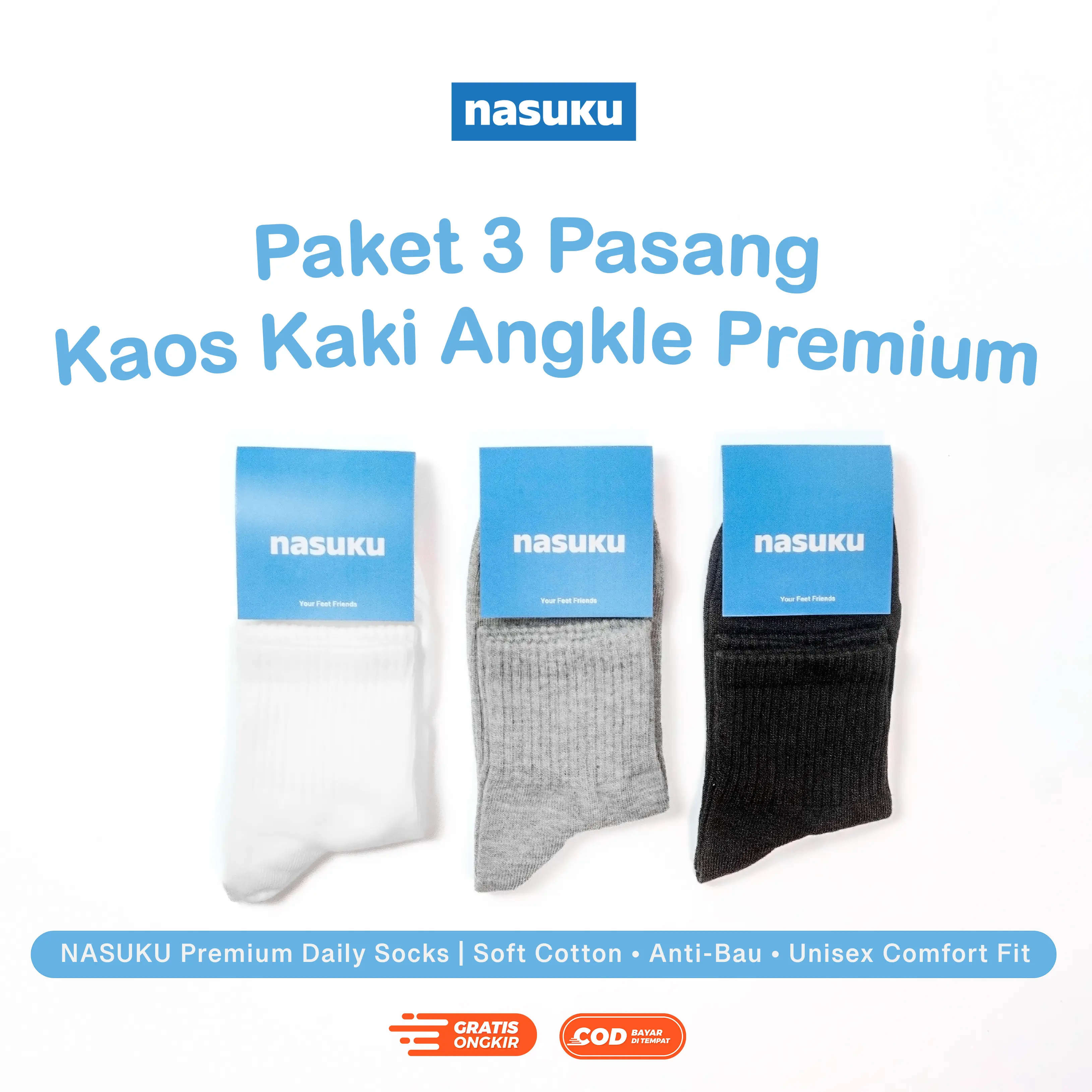 Nasuku Paket 3 Pasang Kaos Kaki Angkle Premium Soft Cotton Anti-Bau Unisex Comfort Fit NASUKU Daily Socks  Pria Wanita Dewasa Katun Sport Tebal Distro Nyaman Pendek Kerja Panjang Lembut Basic Ankle Casual Formal Semata