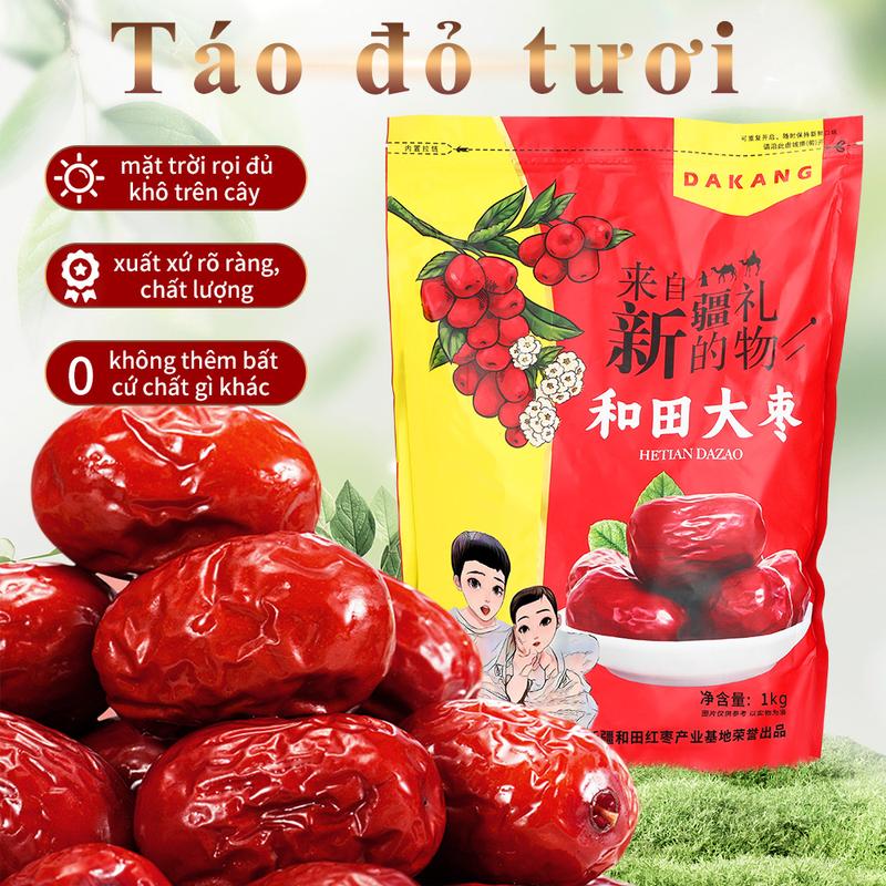 DAKANG Táo Đỏ Hòa Điền Tân Cương KHÔ TỰ NHIÊN 1kg Khoảng 75-80 Trái Size Thượng Hạng Mặt Trời Rọi Đủ Khô Trên Cây Chất Lượng Cao