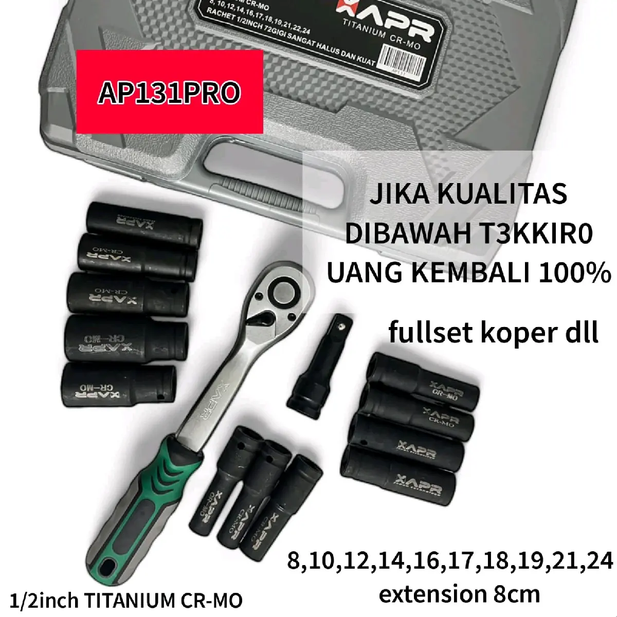 Apr Kunci rachet 1/2inch gigi 72 dengan mata sok 8mm sampai 24mm AP131 pro titanium cr-mo
