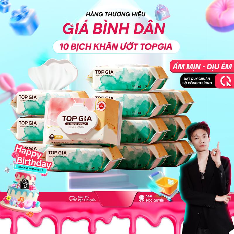 TOPGIA x luongtoanthang712 Thùng 10 Bịch Khăn Ướt TOPGIA Cao Cấp Không Cồn Không Parabens Cao Cấp Sử Dụng Cho Cả Gia Đình Khăn Giấy Khăn Ăn Tiện Lợi KU