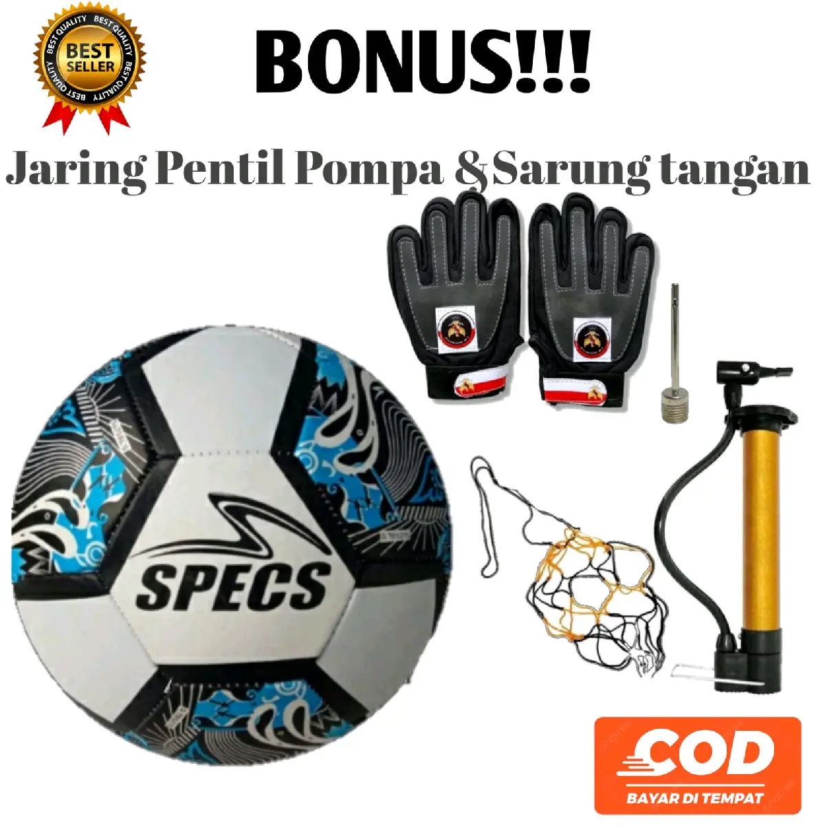 Specs, Bola Sepak Size 5 Satu Paket Gratis pompa sarung tangan pentil  dan Jaring Outdoor Ball Kaki