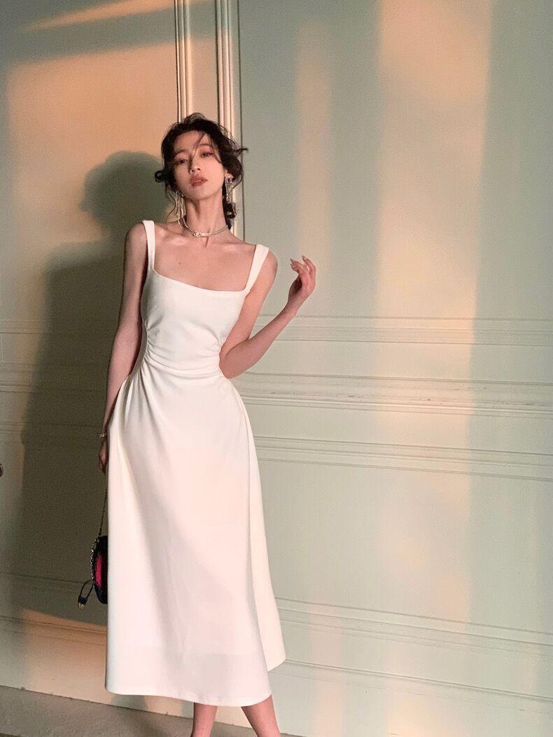 Product Introduction of Women's new slim fit mid length dress, solid color suspender dress, waist cinching, niche design for girls, women's mid length dress Casual Womenswear 17
