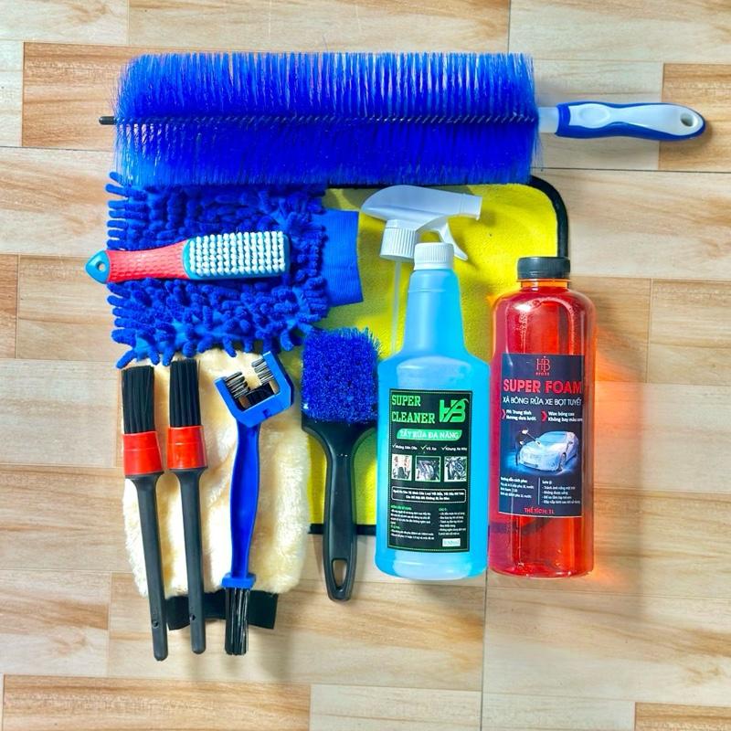Combo rửa xe Super Cleaner 850ml + xà bông rửa xe 1000ml + bàn chảy vệ sinh lốp cao cấp + chổi 45cm + 2 bao tay kèm dụng cụ rửa xe - Phụ Kiện