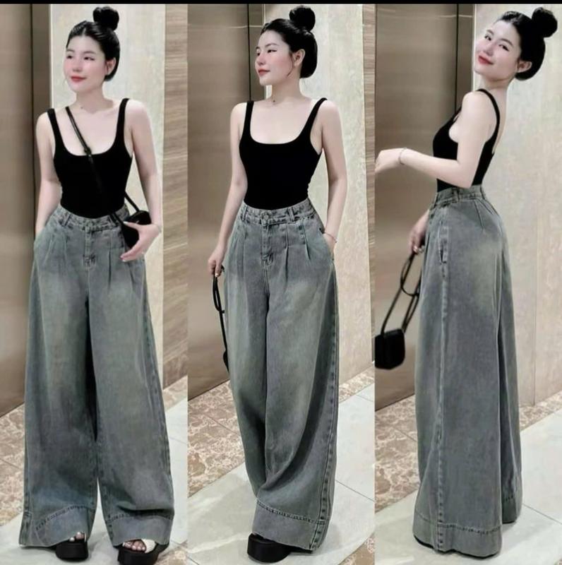 Quần jean bò xếp 2 ly ống suông rộng nữ quần 98-100cm, jeans cạp cao phong cách style