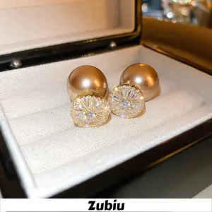 【Zubiu】Anting mutiara zirkonia pin perak anting Mahasiswa Wanita dengan Berlian dalam Warna Champagne B435