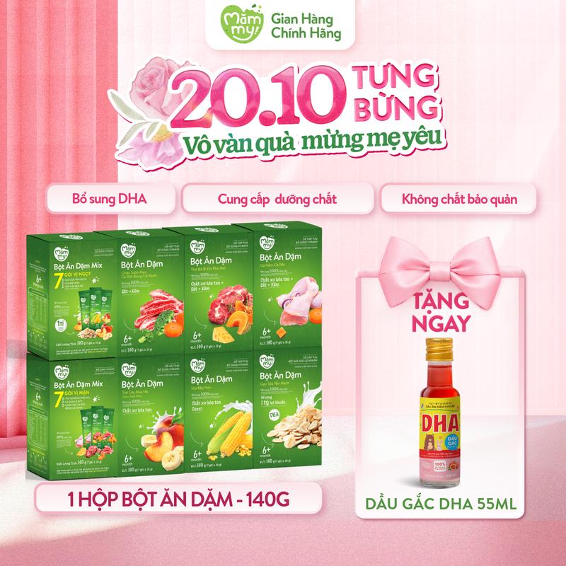 Hộp Bột Ăn Dặm MĂMMY Đầy Đủ Vị Cho Bé (Bắp Non, Yến Mạch, Trái Cây Mùa Hè, Gà Hầm Cà Rốt, Thịt Bò Bí Đỏ Phô Mai, Cháo Sườn Heo Cà Rốt Bông Cải Xanh, Mix Vị Mặn - Ngọt), Hộp 7 Gói x 20g - BOA