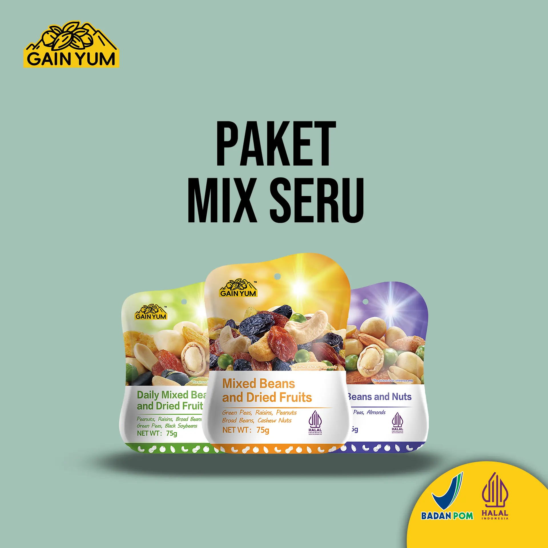 NEW [ MIX SERU ] Gain Yum Snack - Bundling Mix Seru (1x Mixed Beans and Nuts 75G, 1x Daily Mixed Beans and Dried Fruits 75G, 1x Mixed Beans and Dried Fruits 75G)