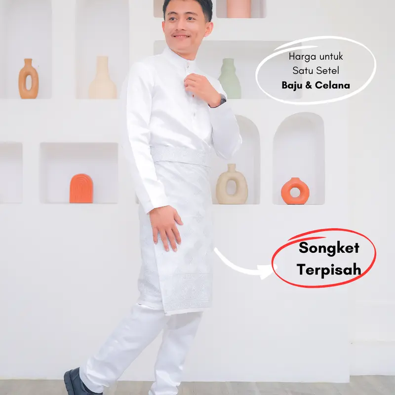 Baju Akad Melayu Pria Cekak Musang Setelan Muslim Kurung Teluk Belanga Putih Bahan Bridal Setelan Pengantin 2