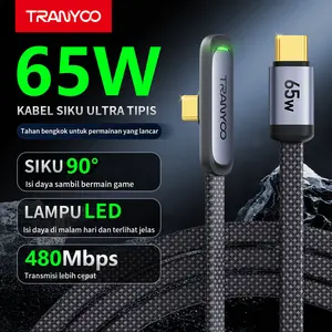 TRANYOO Kabel Data 65W Type-C ke Type-C / 30W Lightning(iPhone), desain siku 90°, cocok untuk iPhone, Samsung, OPPO, VIVO, Xiaomi, POCO, realme, Infinix & Android. Konektor emas, panjang 1,2m, cocok untuk ponsel & tablet, model CC-3.