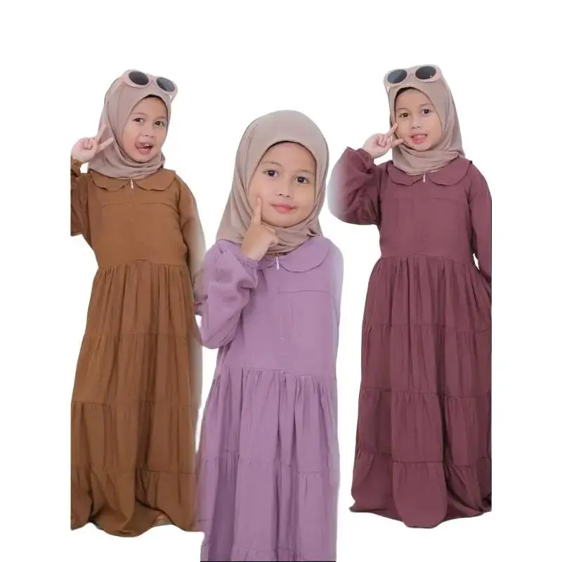 Dress Anak Polos Rayon Gamis Basic Bunga untuk Anak dengan Resleting Lengan Kerut