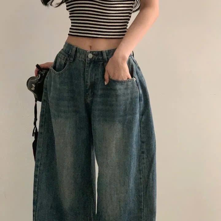 Quần jeans suông nhún hông 3 màu lưng cao dáng basic phong cách đường phố loe bò xanh ống rộng Nữ Women 3