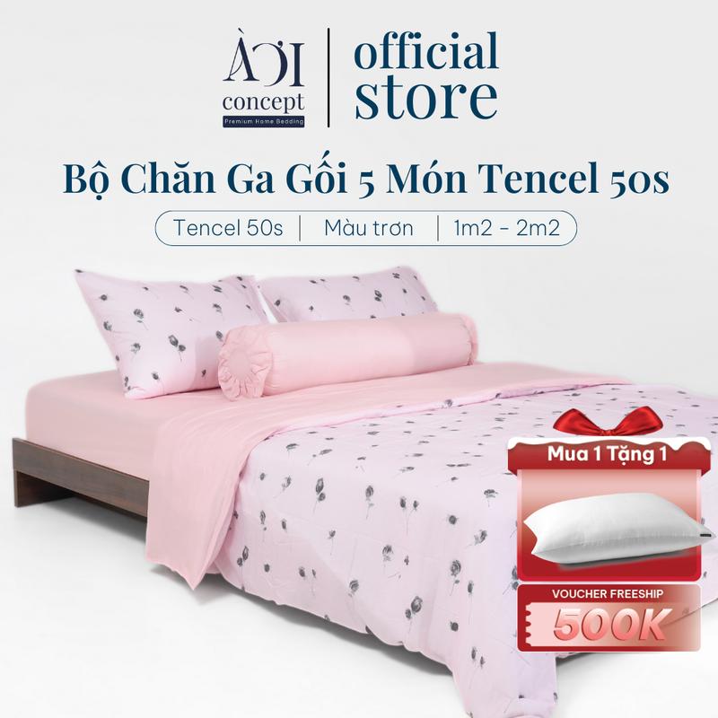Bộ Chăn Ga Gối 5 Món Lụa Tencel 50s AOICONCEPT Hoạ Tiết Cao cấp Hàn Quốc Mềm Mịn Thoáng Mát