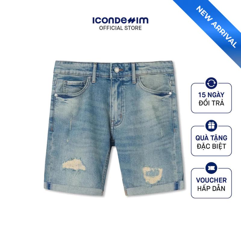  Quần Short Denim Nam ICONDENIM Basic 5-pocket Ripped Wash Form Slim-fit QSID0228 