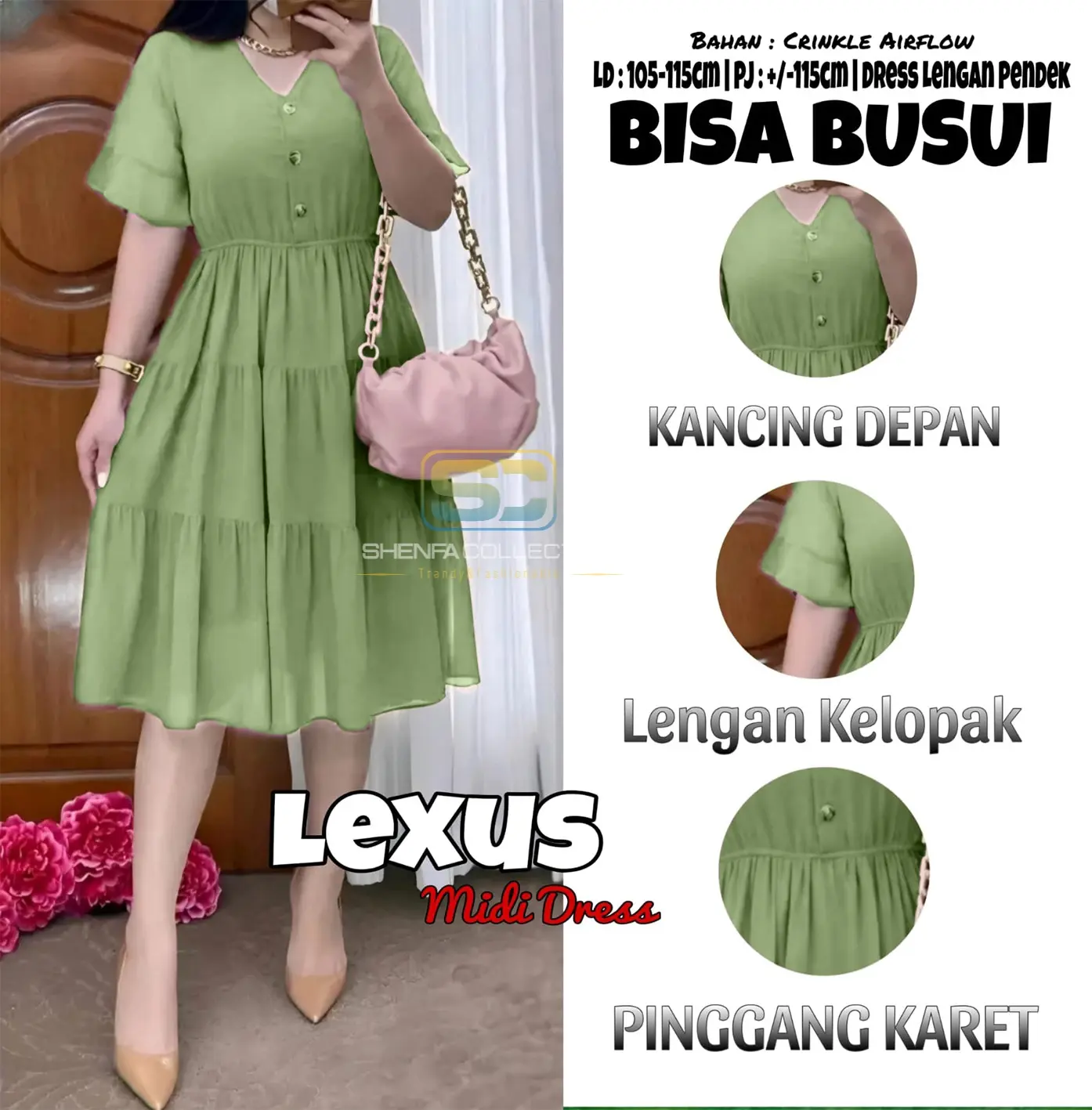MIDI DRESS CRINKLE LEXUS VARIASI KARET PINGGANG MELINGKAR