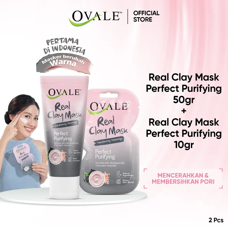 Ovale Real Clay Mask Perfect Purifiying Tube 50g| Masker Wajah Kulit Kusam 50g | Clay Mask Estrak Himalayan Salt & Charcoal 2