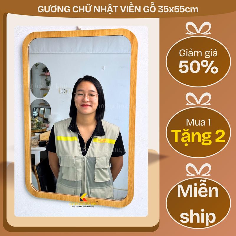 Gương trang điểm treo tường kích thước 35x55cm– Khung gỗ chữ nhật bo cạnh mềm mại, decor phòng ngủ, tiệm nail | Gương Hoàng Kim tặng đinh treo không khoan tường.