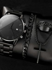 Conjunto de reloj de moda para hombre, que incluye reloj con esfera redonda, pulsera de cadena, anillo y collar colgante; conjunto moderno, versátil y exquisito ideal como regalo de cumpleaños