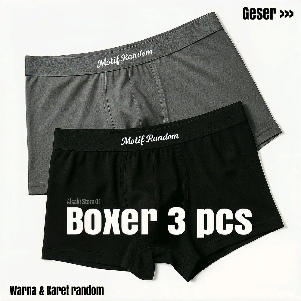"PROMO" 3 pcs Pria-Boxer Pakaian dalam Murah New Melar Cowok Dewasa Katun Hitam Sport Pendek Motif baru Celana Remaja Karet Kotak