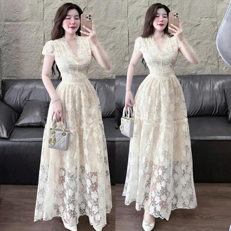 Đầm váy nữ ren ngắn tay cổ chữ v [có lót] dáng dài xòe xinh xắn dành cho các nàng diện đi chơi đi tiệc.