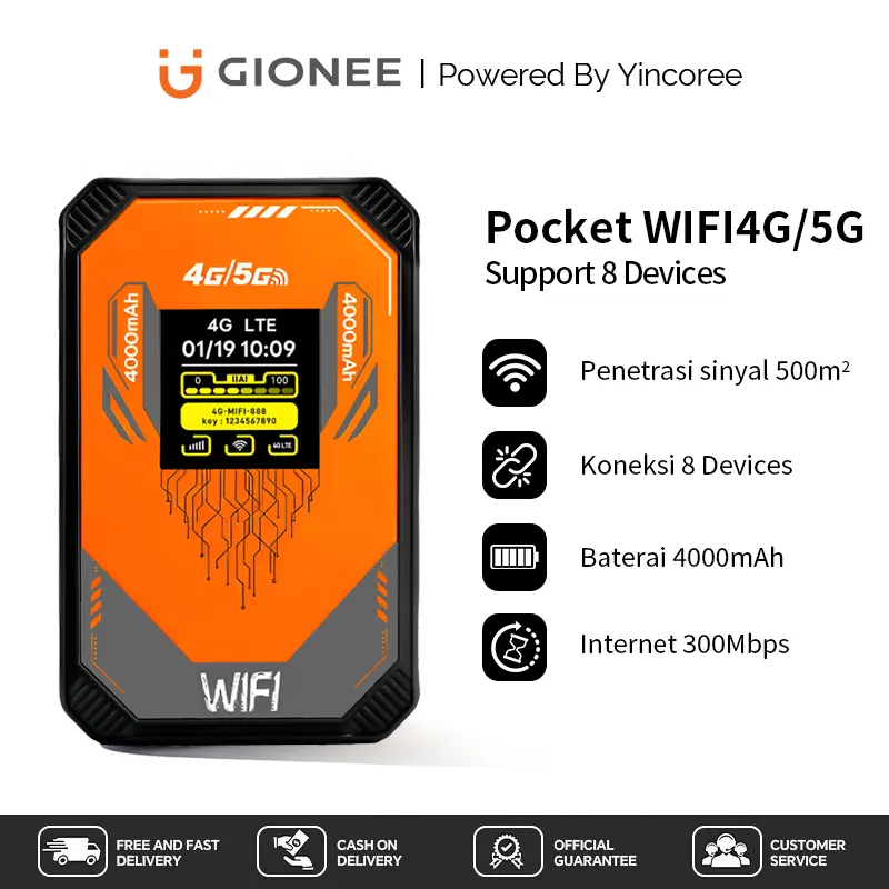 Yincoree Modem WiFi portabel GIONEE A51 4G/5G LTE saku, cocok untuk asrama dan kantor, dapat terhubung ke 10 perangkat