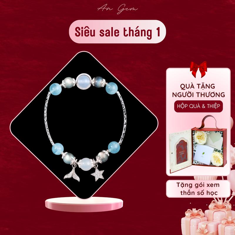 Vòng tay đá tự nhiên phối charm thiết kế An gem lắc tay nữ đá màu xanh dương mix xám xanh Aquamarine mix Labradonite phụ kiện đeo tay phong thuỷ quà tặng sinh nhật giáng sinh Noel Tết Valentine TẶNG GÓI XEM THẦN SỐ HỌC