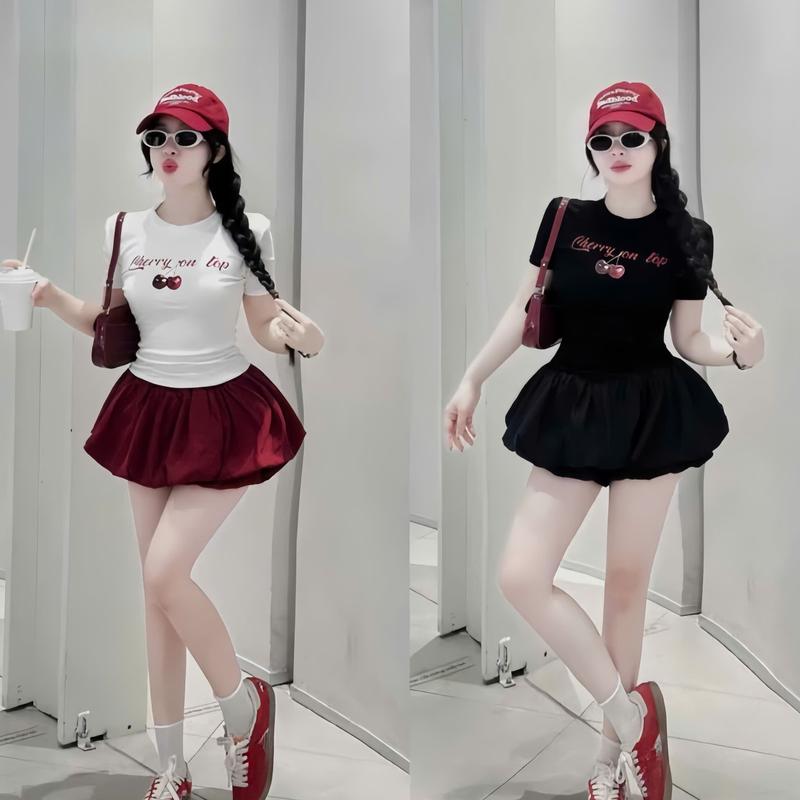 40-50kg Set Chân Váy Bí Phồng Hottred - Áo Thun Tăm Cổ Tròn Tay Ngắn In Hình Phối Với Chân Váy Bí Phồng Côtton Lụa Có Lót Trong Thiết Kế trẻ trung Sành Điệu Xinh Xắn Thích Hợp Cho Nữ Mặc Đi Chơi Đi Làm Đi Du Lịch