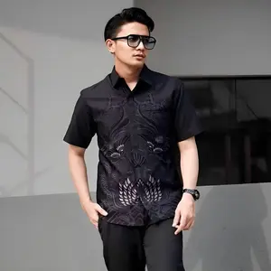 Kemeja Batik Pria Lengan Pendek Hem Mewah Seragam Modern 2025 - Formal Kemeja Batik Warna Hitam Ungu New Kemeja Katun Nyaman Panjang Slimfit Kondangan