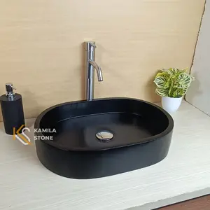 Kamila Stone | Wastafel Terazzo Oval Warna Hitam Putih Ukuran 50cm Minimalis Free Packing Kayu