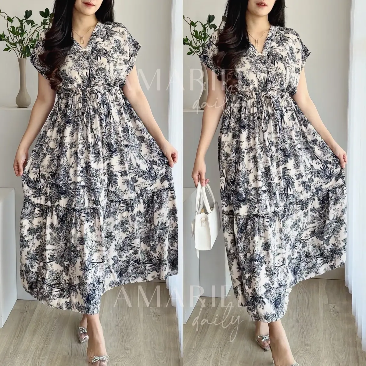 Amariel Kimono Serut Dress Panjang Daster Nyaman Kancing Bumil Busui Friendly Katun Rayon Lengan Pendek