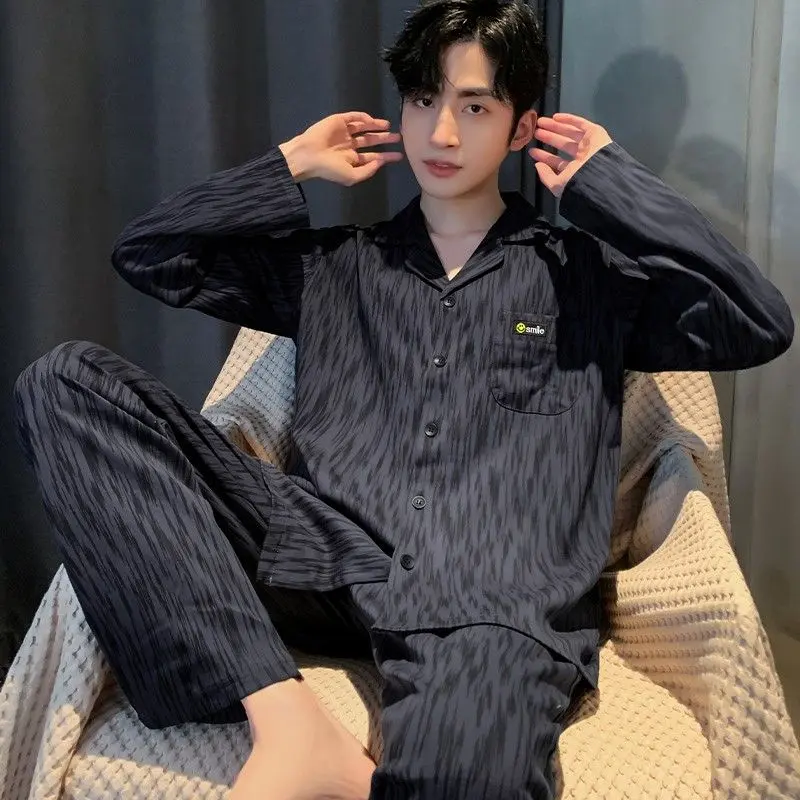 2025 Korean style sleepwear summer short sleeved casual set spring and autumn long sleeved internet famous men's plus size home clothes can be worn outside Loungewear Menswear Pajama Pjs