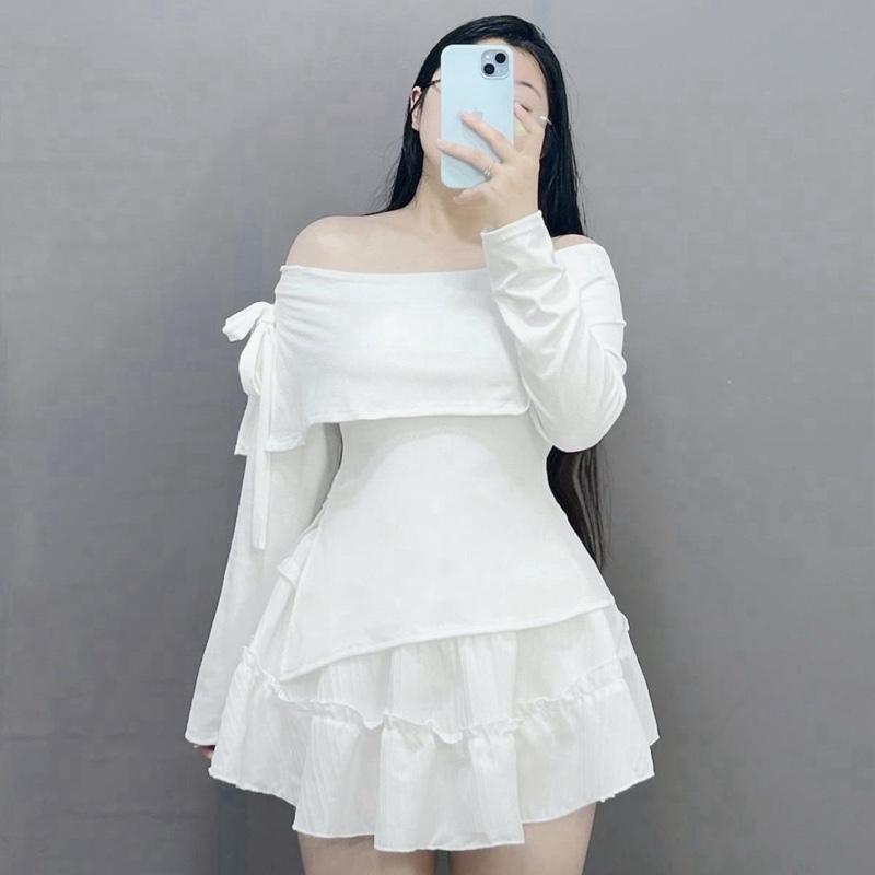 Set Áo Váy Mùa Hè Bigsize (VÀ CÓ LẺ ÁO, VÁY) Áo Trễ Vai Dài Tay Buột Nơ Điệu Đà Phối Chân Váy 2 Tầng Xoè Dễ Thương Cho Nữ Chuppy (60-95Kg) Women G257 CV409