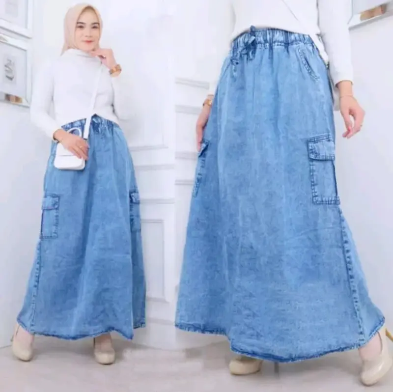 Cargo Pants Wanita - Celana Panjang Kulot Highwaist bahan Soft Jeans Grey Pinggang Karet 5