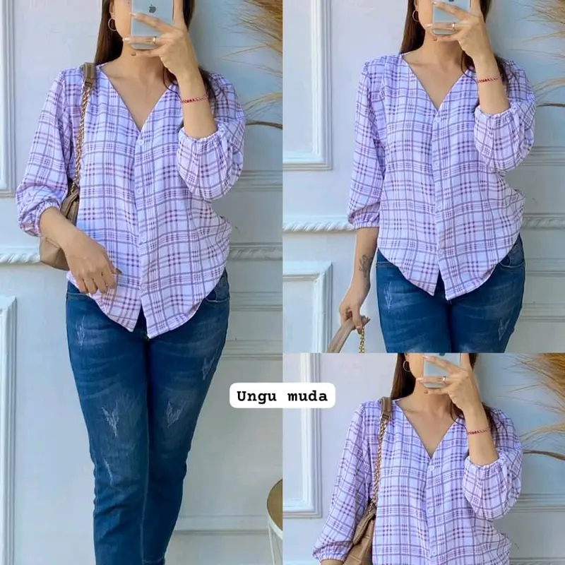 Blouse Kancing Wanita Motif Kotak Ceyflow kringkel Santai 2