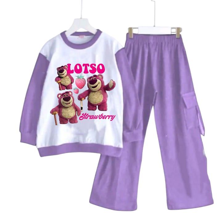 Setelan anak celana cargo karakter Lotso Bear Strawberry bahan crinkle kekinian setelan kaos panjang anak perempuan setelan  anak Setelan Baju 2