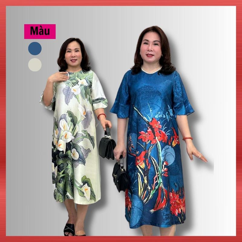 Đầm Trung Niên Nữ, Mẫu Váy Dự Tiệc Cho Mẹ Ngắn Tay Chất Lụa Cổ Tròn In Hoa 3D Sang Trọng | Top Women Dress Thời Trang NP Clothing U60 | Multicoloured Cỡ lớn cộng