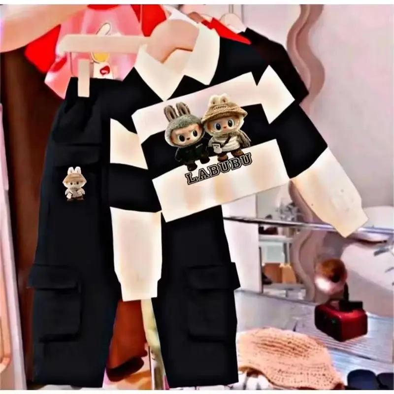 Set Labubu Kerah Anak Perempuan setelan Sweater CropTop Strip Kargo Fashion Baju Dan Celana Panjang 4
