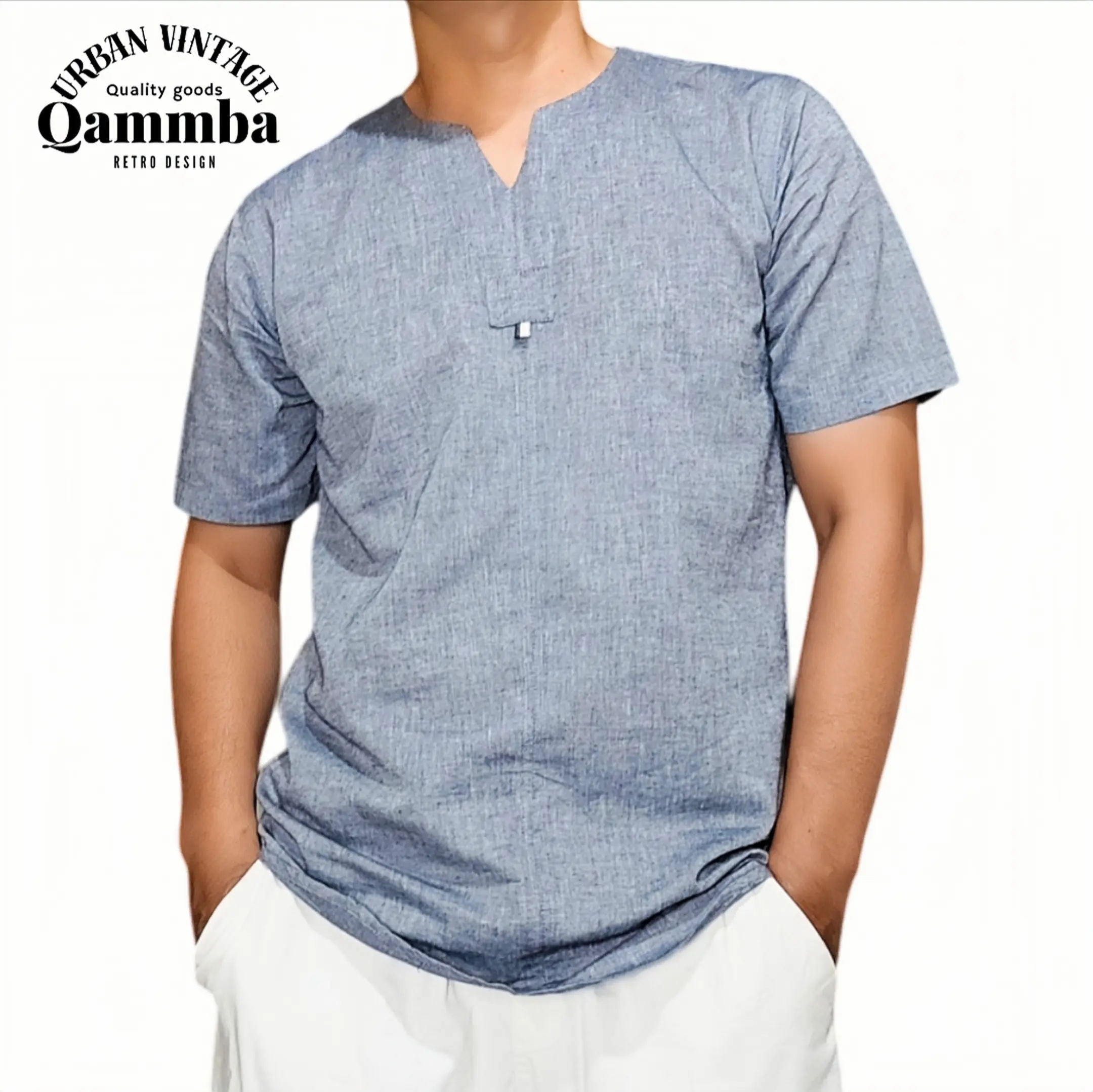 Kemeja Ringan Katun Solid Tipis Terawang Lengan Pendek Gaya Pria BB 60-100Kg Men`s Shirt  Pakaian Casual Musim Panas Keren Pantai Tanpa Kerah Baju Santai Hawaii Jalanan Bohemian Atasan Outfit Kerah V neck Dewasa Cowok  Kaos - QAMMBA
