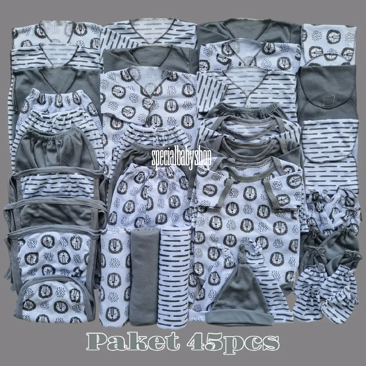 SPECIALBABY paket 45 pcs setelan baju bayi new born series ABU LIONpaket brojol baju celana bayi baru lahir new born