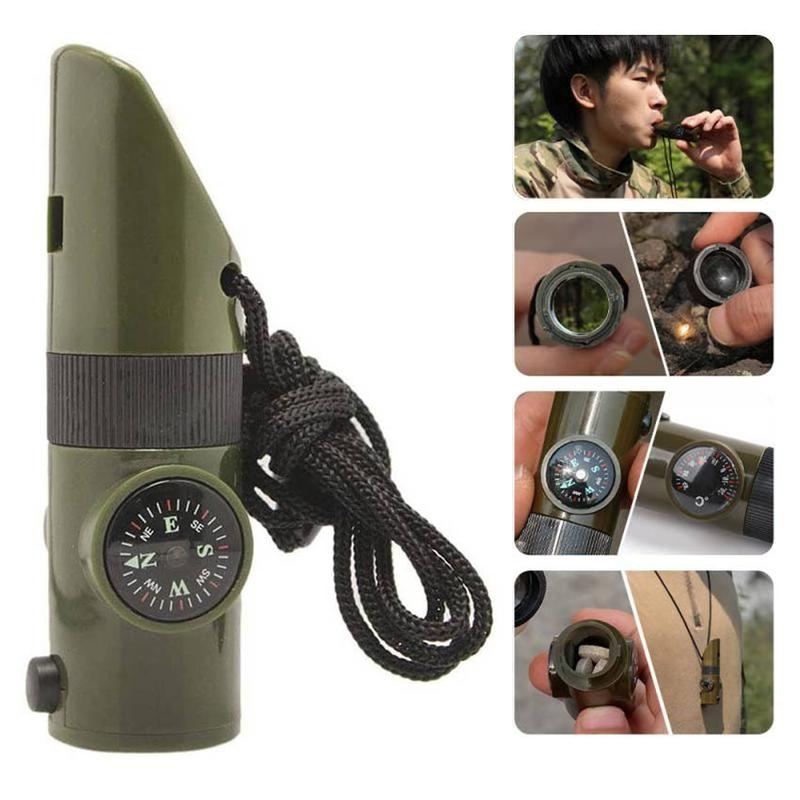 7 In 1 Peluit Outdoor Survival Multifungsi Peluit Emergency Darurat  7 Fungsi: Peluit  Kompas  Termometer  Kaca Pembesar  Reflektor  Dan Lampu LED Camping 7