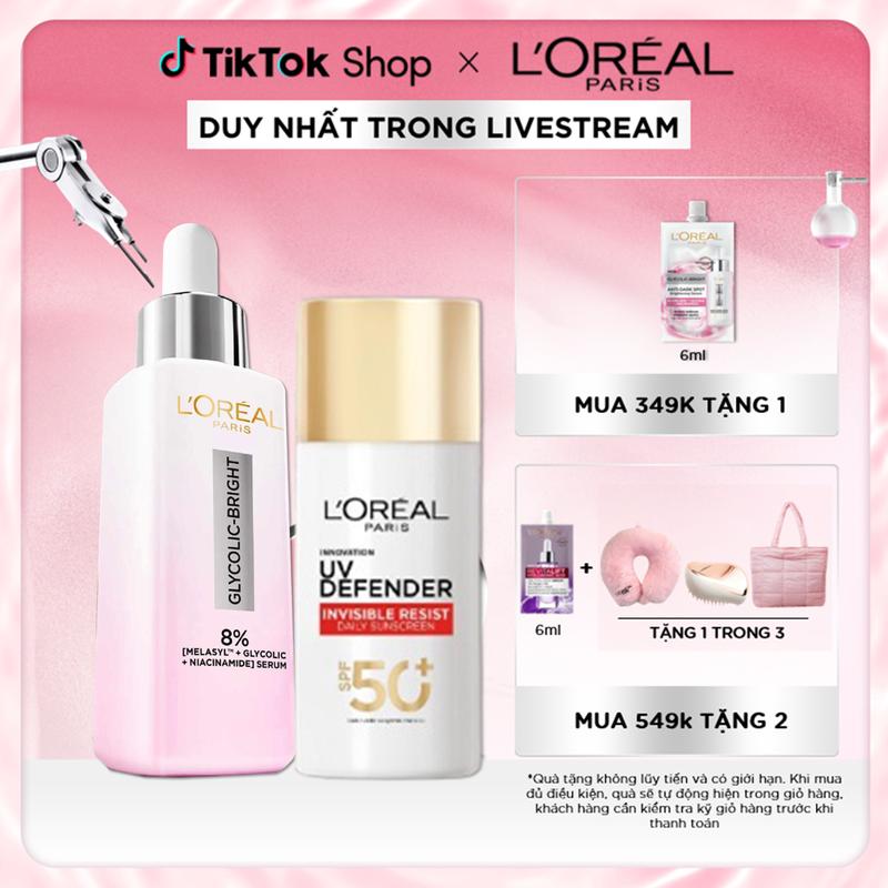 [VB] Bộ serum dưỡng sáng, mờ thâm mụn & nám Glycolic Bright 8% [Melasyl + Glycolic + Niacinamide] 30ml & Kem chống nắng x20 thoáng da mỏng nhẹ UV Defender SPF 50++ L'Oreal Paris
