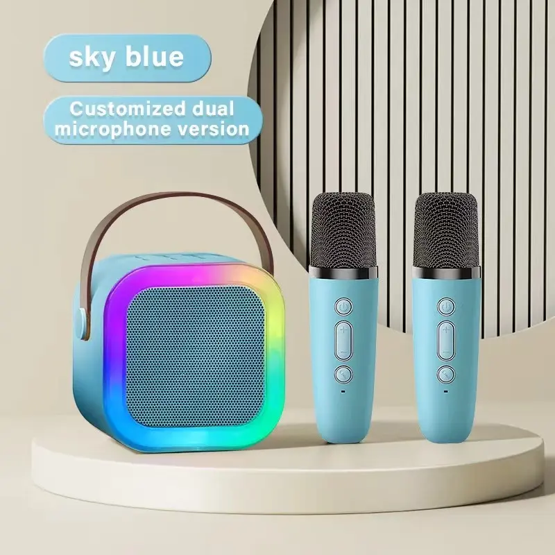 【SG READY STOCK】RICHMENT Compact Karaoke Device with two wireless microphones and a mobile speaker with LED lighting. Karaoke microphone toy, perfect for Christmas and Halloween gifts. Ideal for home singing, family gatherings.
