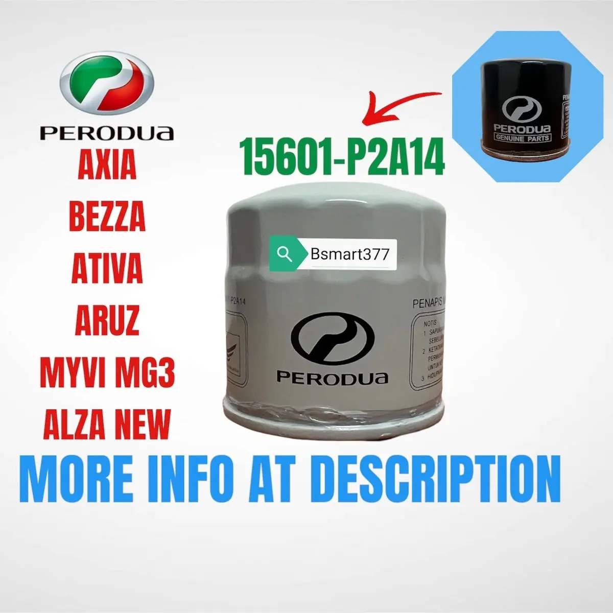 READY STOK Perodua enjine oil filter axia 1.0L all model / bezza 1.0L 1.3L / ativa 1.0L / alza 1.5L 2022 / myvi mg3 gen3 1.3L 1.5L/ aruz 1.5L oil filter enjin 15601-p2a14 Car Engine Grey