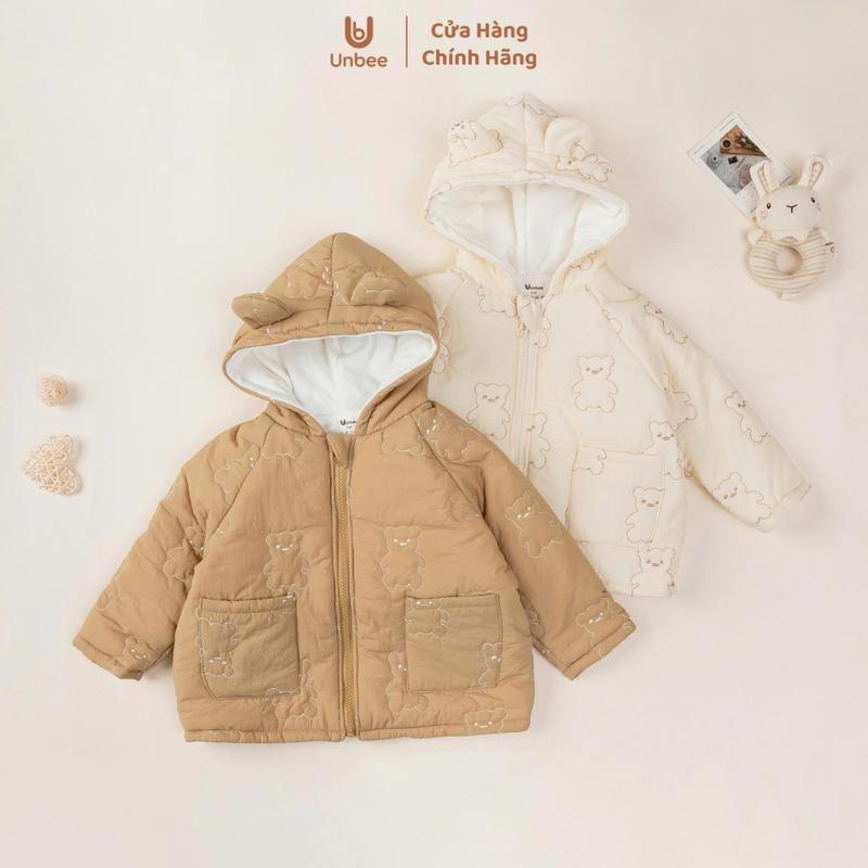   UNBEE  QA284 Áo Khoác Phao Gấu Chần Bông Mũ Chóp Lót Nỉ Ấm Áp Phối Túi Cho Bé Từ 6m-3y 