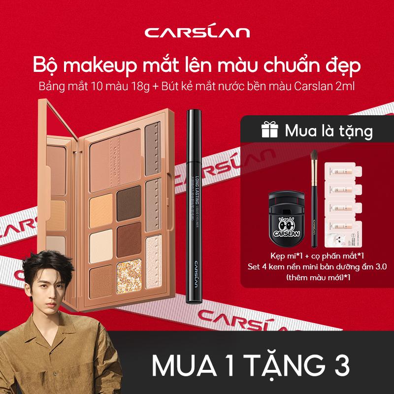 [Combo] Bảng phấn mắt 10 màu Carslan 18g+Bút kẻ mắt nước lâu trôi 2ML+[Free Gifts]  Kẹp mi *1+Set 4 kem nền mini 4g*1+Cọ phấn mắt*1