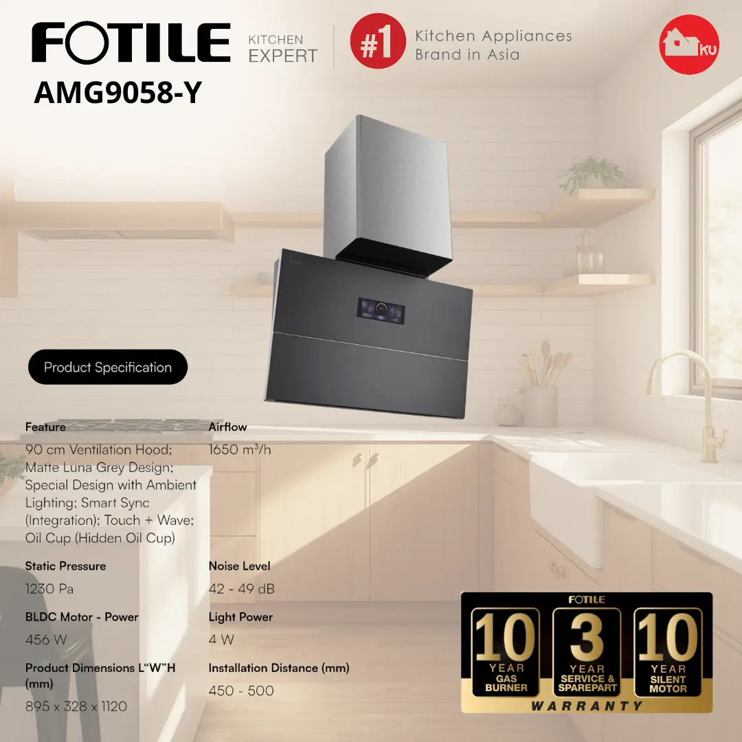 Fotile Penghisap Asap Cerobong Luna Series AMG9058-Y 90cm Tempered Glass Smart Sync Integration 2600m³/h Garansi 3 Tahun Original Bergaransi Resmi