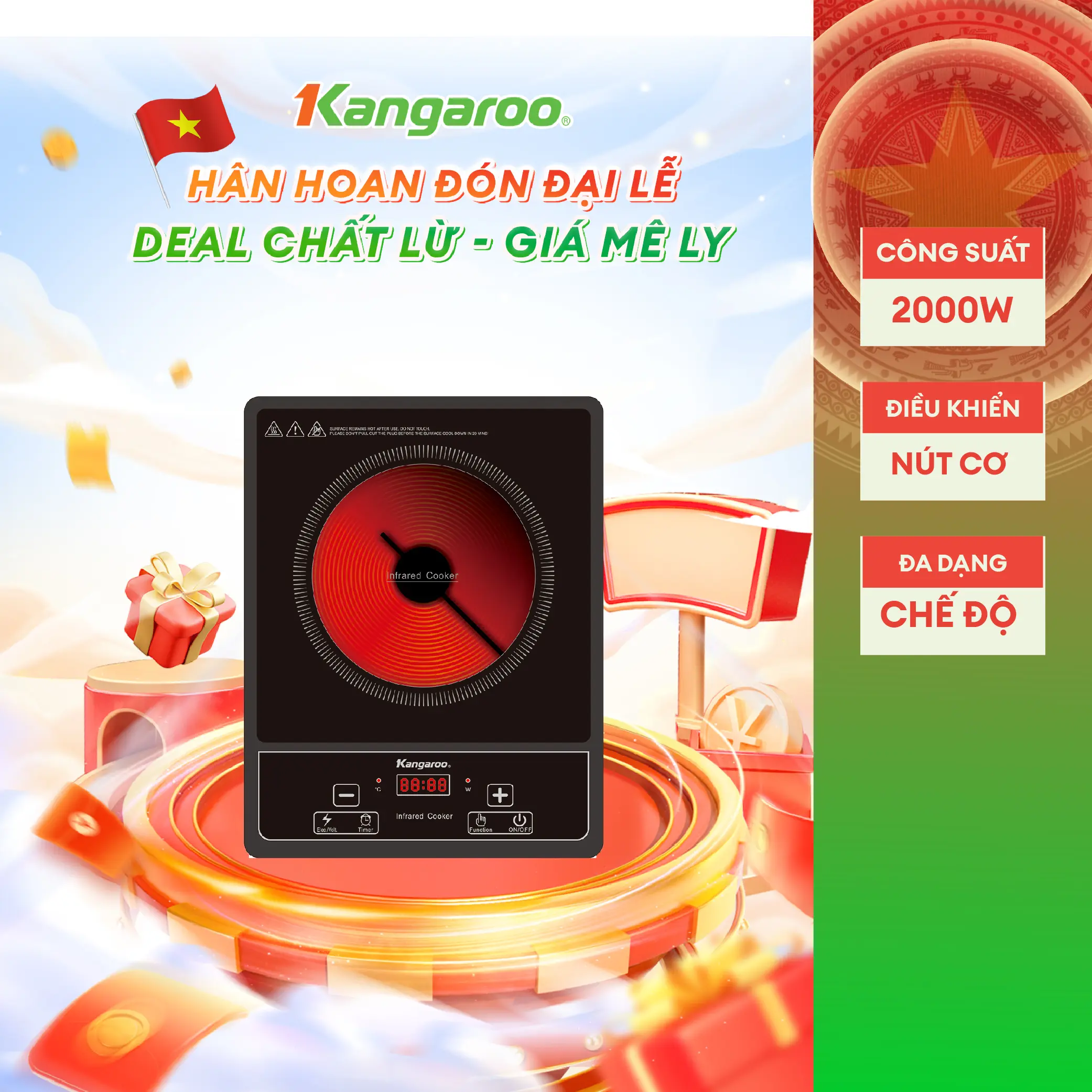 [ L ]Bếp hồng ngoại đơn Kangaroo KG20IFP1- dùng cho mọi loại nồi, chảo- công suất cao 2000W.