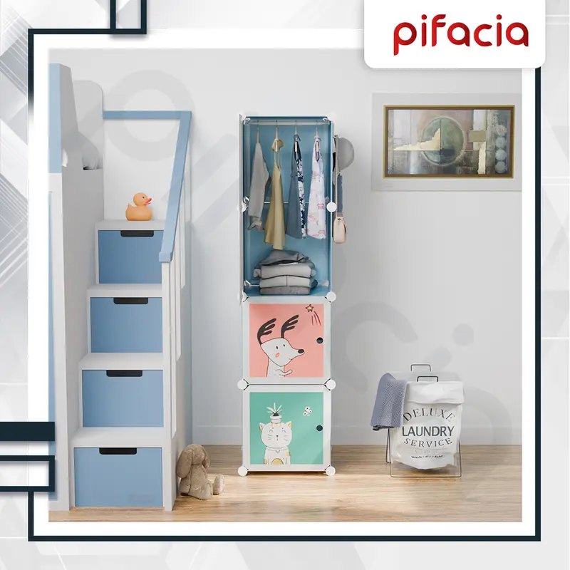 PIFACIA Lemari Pakaian Anak Baby 4 Susun Dengan Gantungan Portable Kabinet Penyimpanan Serbaguna 1