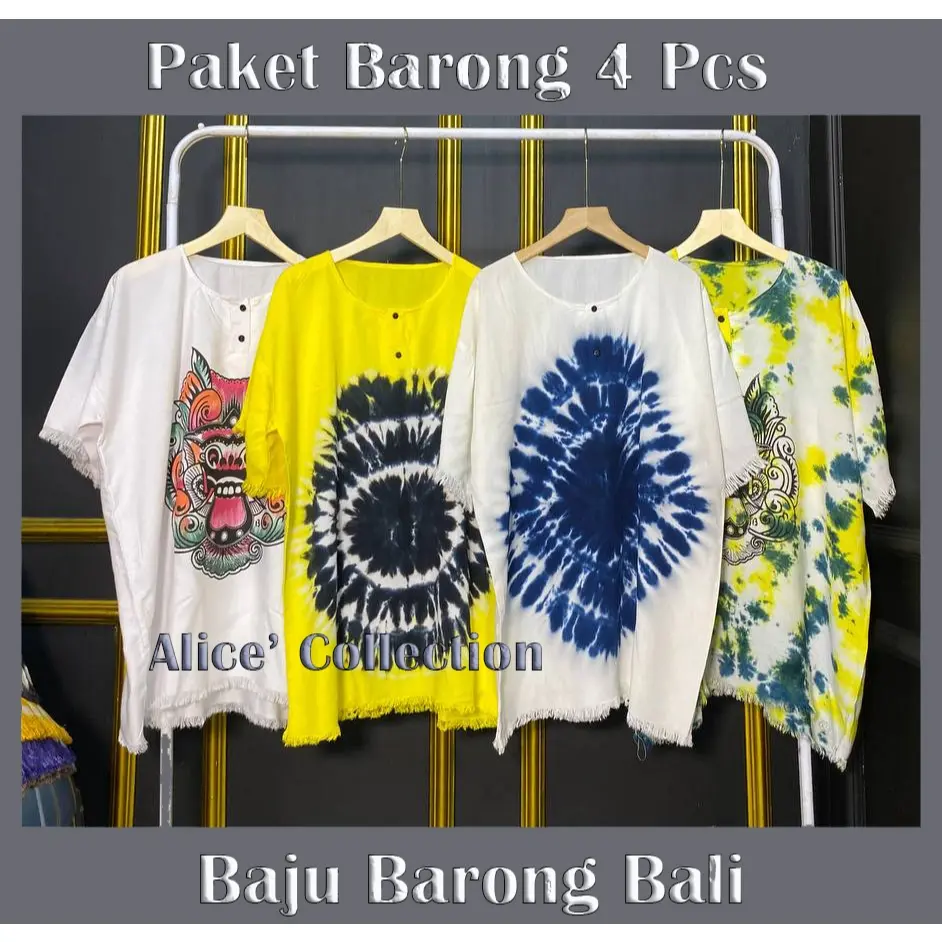 Paket 4 Pcs Baju Barong Bali - Atasan Pria Wanita Motif - Baju Santai - Baju Pantai - Katun Rayon Dewasa